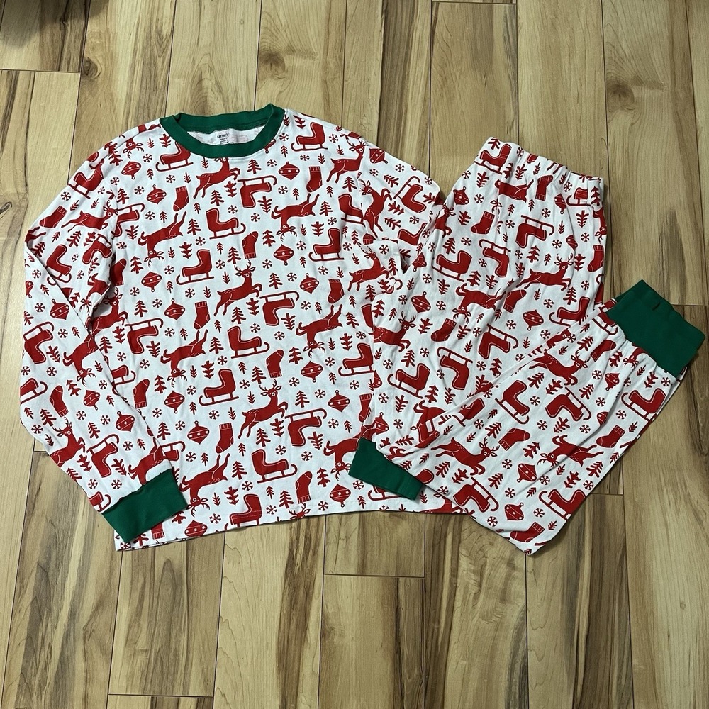 Carters Unisex Adult Pajamas Set Sz XL Red & White Reindeer Sleigh Christmas 2pc